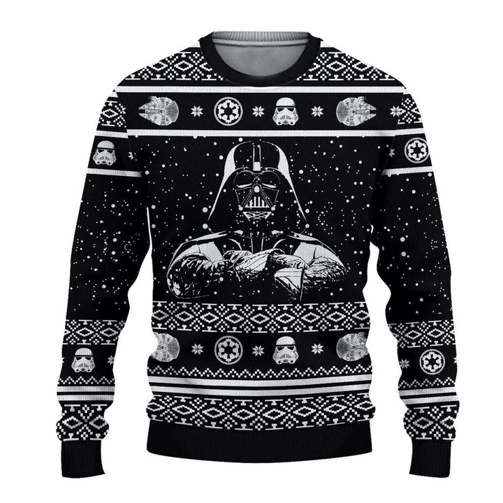 Darth Vader Black Ugly Christmas Sweater, Darth Vader Black & White Ugly Sweater, All Over Printed Ugly Sweater, Xmas Holiday Crew Neck Ugly Sweater