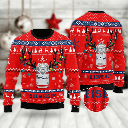 Budweiser Beer Xmas Light-up Antler Ugly Christmas Sweater, Budweiser Beer Red Christmas Ugly Sweater, Budweiser Beer Crewneck Knitted Ugly Sweater