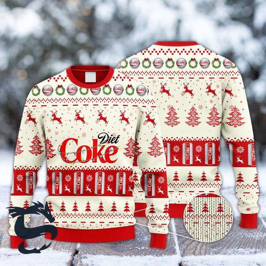 Coca Cola Diet Coke Ugly Christmas Sweater, Diet Coke Reindeer Snowy Christmas Ugly Sweater, Coca-cola Light Diet Coke Xmas Crew Neck Ugly Sweater
