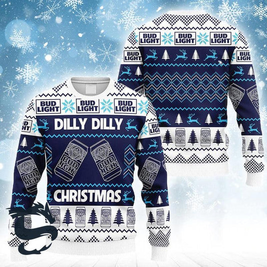 Dilly Dilly Bud Light Christmas Ugly Sweater, Bud Light Beer Blue Ugly Christmas Sweater, Twisted Tea All Over Printed Holiday Crew Neck Ugly Sweater