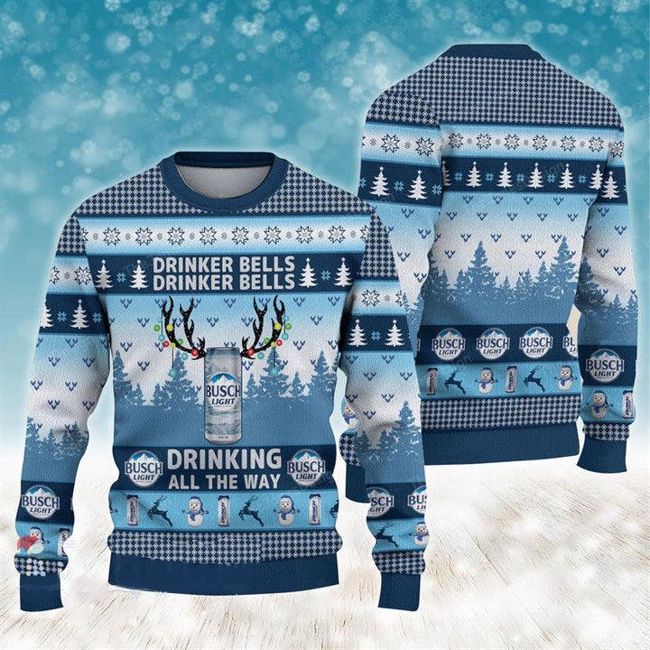 Drinker Bells Busch Light Ugly Christmas Sweater, Light-up Antler Busch Light Beer Ugly Sweater, All Over Print Holiday Crew Neck Ugly Sweaters