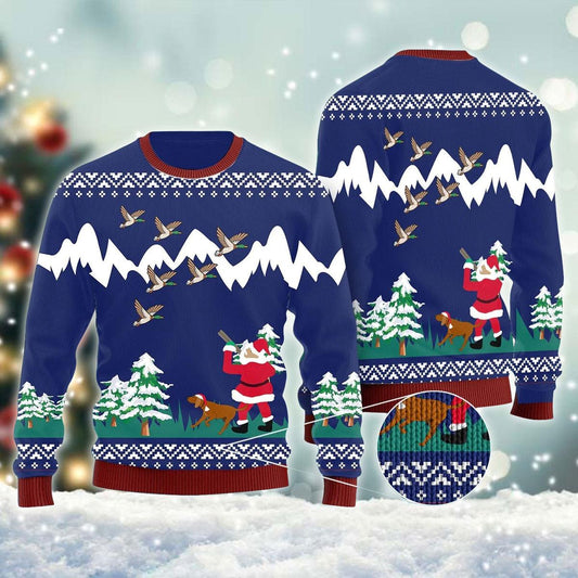 Santa Hunting Duck Ugly Christmas Sweater, Duck Hunting On Christmas Night Ugly Sweater, Santa Hunting Christmas Crewneck Knitted Ugly Sweater