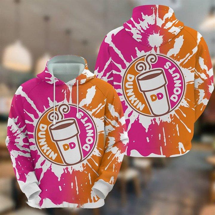 Dunkin Donuts Tie Dye 3d All Over Printed Hoodie, Dunkin Donuts 3d Pullover Hooded Sweatshirts, Dunkin Donuts Pink And Orange Printed Hoodies