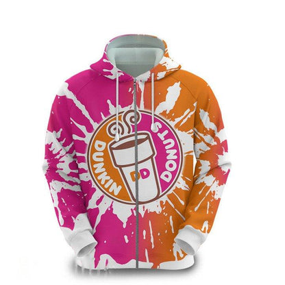 Dunkin Donuts Tie Dye 3D All Over Printed Hoodie, Dunkin Donuts 3D Pullover Hooded Sweatshirts, Dunkin Donuts Pink And Orange Printed Hoodies