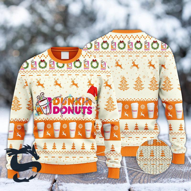 Christmas Lights Dunkin Donuts Santa Hat Ugly Sweater, Dunkin' Donuts Reindeer Snowy Christmas Ugly Sweater, Dunkin' Donuts Aop Crewneck Ugly Sweater