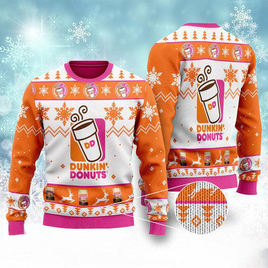 Dunkin' Donuts Ugly Christmas Sweater, Dunkin' Donuts Lovers Ugly Sweater, All Over Print Christmas Holiday Crew Neck Ugly Sweater