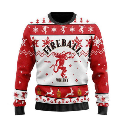 Fireball Whiskey Ugly Christmas Sweater, Fireball Whiskey Ugly Sweater, All Over Printed Fireball Ugly Sweater, Holiday Crew Neck Ugly Sweater