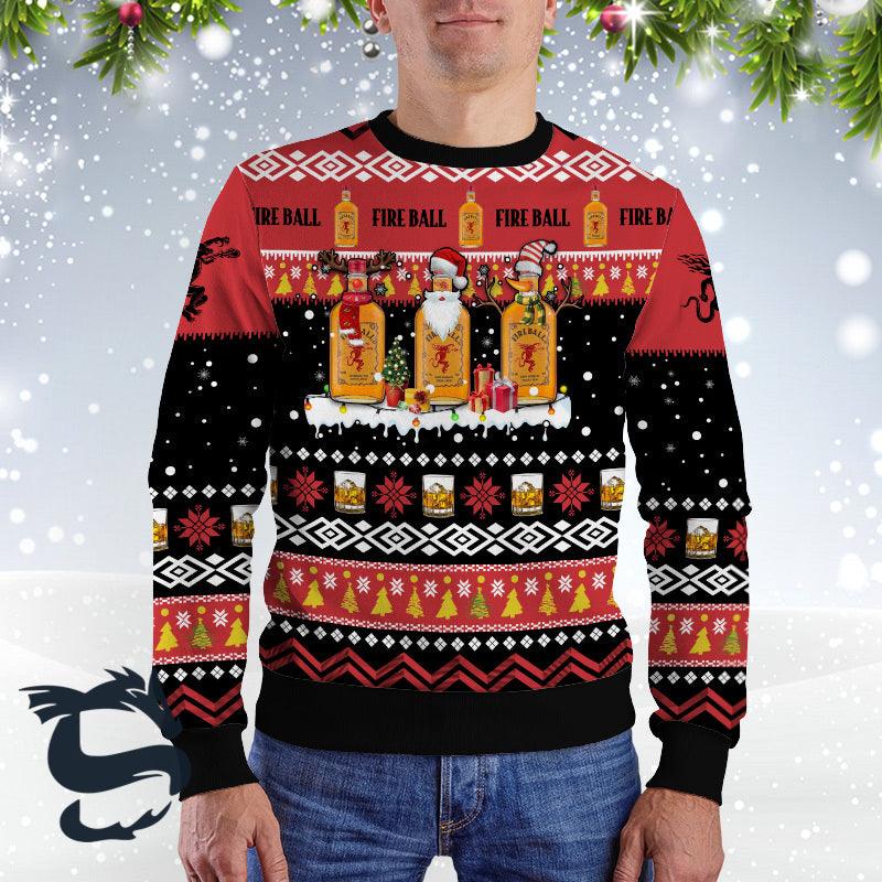 Fireball Whiskey Santa Reindeer Snowflake Ugly Sweater, Fireball Whiskey All-over Print Xmas Ugly Sweater, Fireball Crewneck Knitted Ugly Sweater