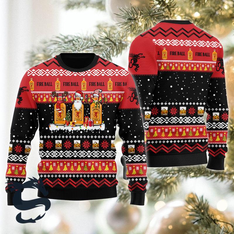 Fireball Whiskey Santa Reindeer Snowflake Ugly Sweater, Fireball Whiskey All-over Print Xmas Ugly Sweater, Fireball Crewneck Knitted Ugly Sweater