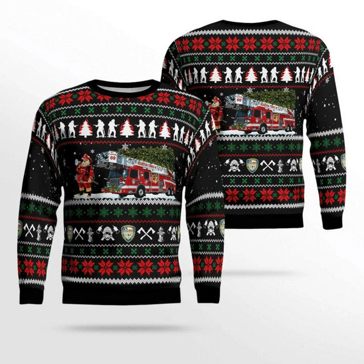 Firefighter Santa With Fire Truck Ugly Christmas Sweater, Firefighter All-over Print Xmas Ugly Sweater, Fire Dept Crewneck Knitted Ugly Sweater