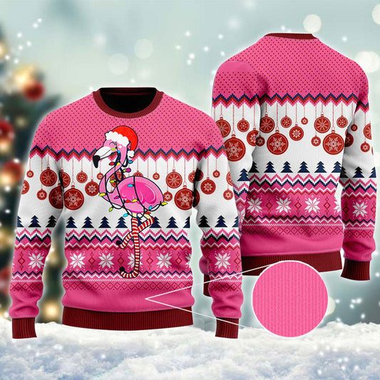 Christmas Lights Flamingo Ugly Christmas Sweater, Santa Flamingo Pink Christmas Ugly Sweater, Flamingo Lovers Christmas Holiday Crewneck Ugly Sweater