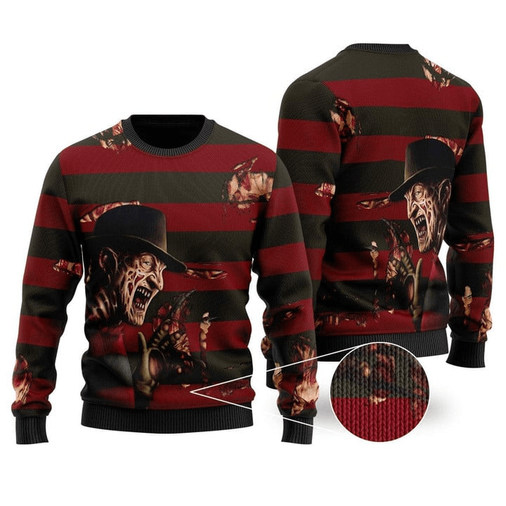 A Nightmare On Elm Street Freddy Krueger Ugly Sweater, Freddy Krueger Horror Christmas Ugly Sweater, Freddy Krueger Red Black Crewneck Ugly Sweater