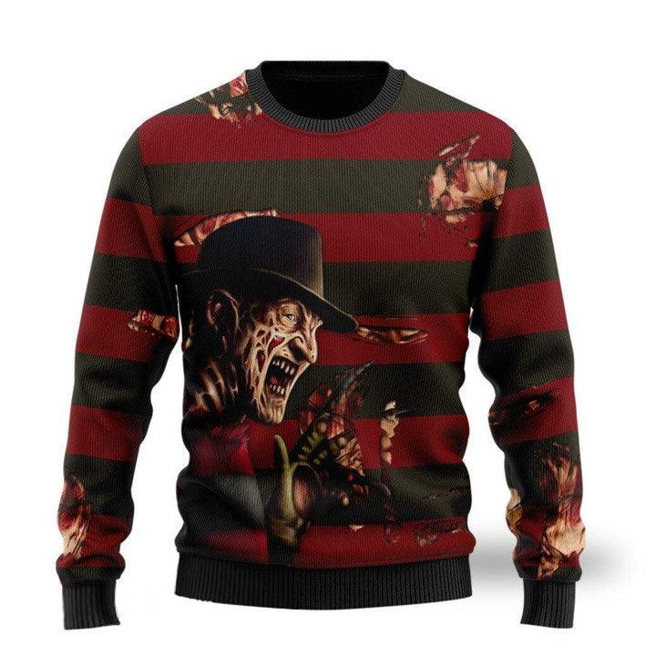 A Nightmare On Elm Street Freddy Krueger Ugly Sweater, Freddy Krueger Horror Christmas Ugly Sweater, Freddy Krueger Red Black Crewneck Ugly Sweater