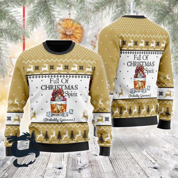 Full Of Christmas Spirit Probably Guinness Ugly Sweater, Guinness Beer Reindeer Christmas Ugly Sweater, Christmas Crewneck Knitted Ugly Sweater