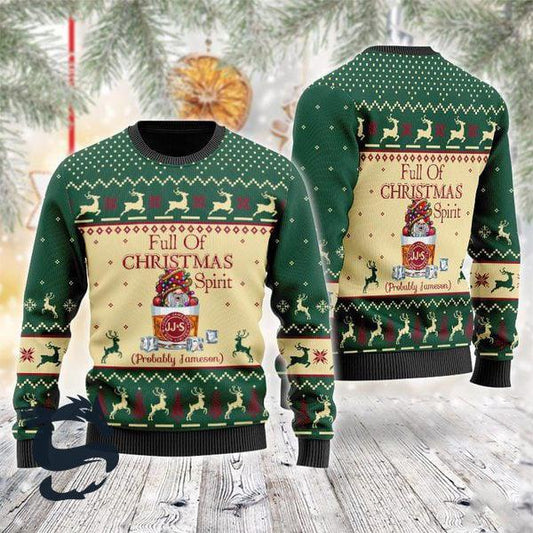 Full Of Christmas Spirit Probably Jameson Ugly Sweater, Jameson Irish Whiskey Ugly Christmas Sweater, Jameson Whiskey Xmas Crew Neck Ugly Sweater