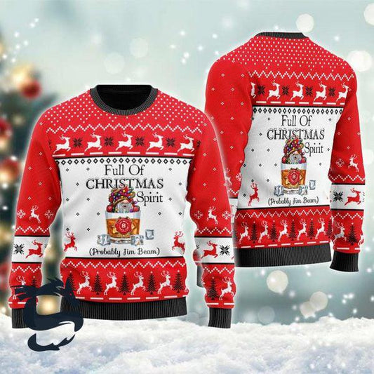 Full Of Christmas Spirit Probably Jim Beam Red Ugly Sweater, Jim Beam Whisky Reindeer Christmas Ugly Sweater, Xmas Crewneck Knitted Ugly Sweater