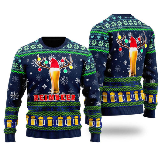 Funny Beer Reindeer Ugly Christmas Sweater, Oktoberfest Reinbeer Christmas Ugly Sweater, Beer Lovers Christmas Holiday Crewneck Ugly Sweaters