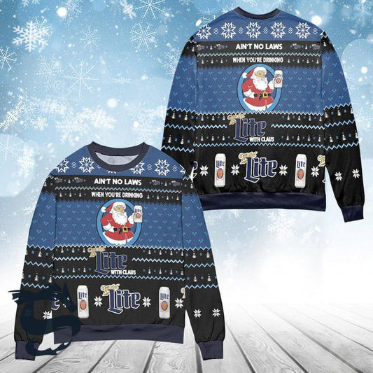 Funny Drinking Miller Lite With Santa Claus Ugly Sweater, Miller Lite Beer Blue Ugly Christmas Sweater, Miller Lite Beer Crewneck Knitted Sweater