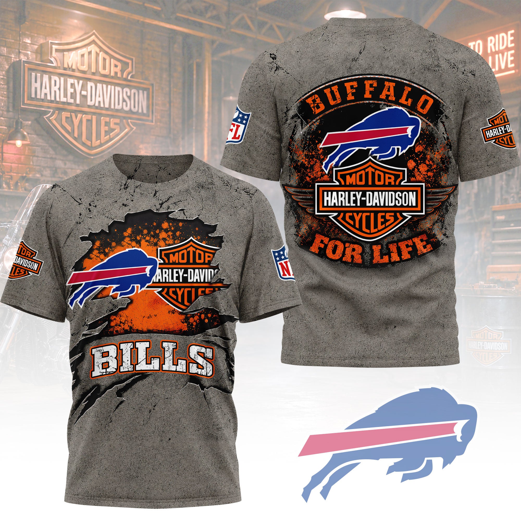 B.bills | Premium  Harley Davidson For Life 3d Shirt Nf1