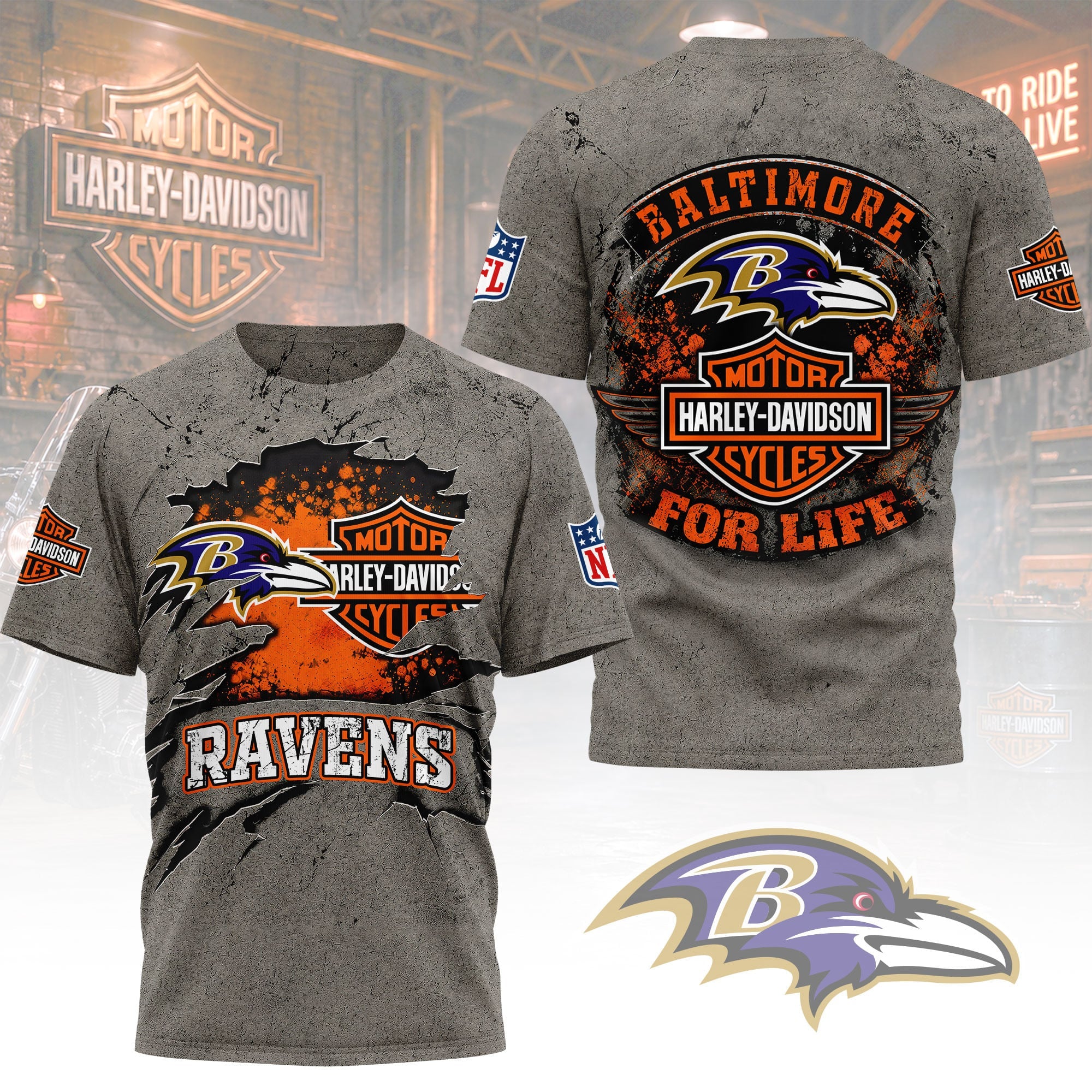 B.ravens | Premium  Harley Davidson For Life 3d Shirt Nf1