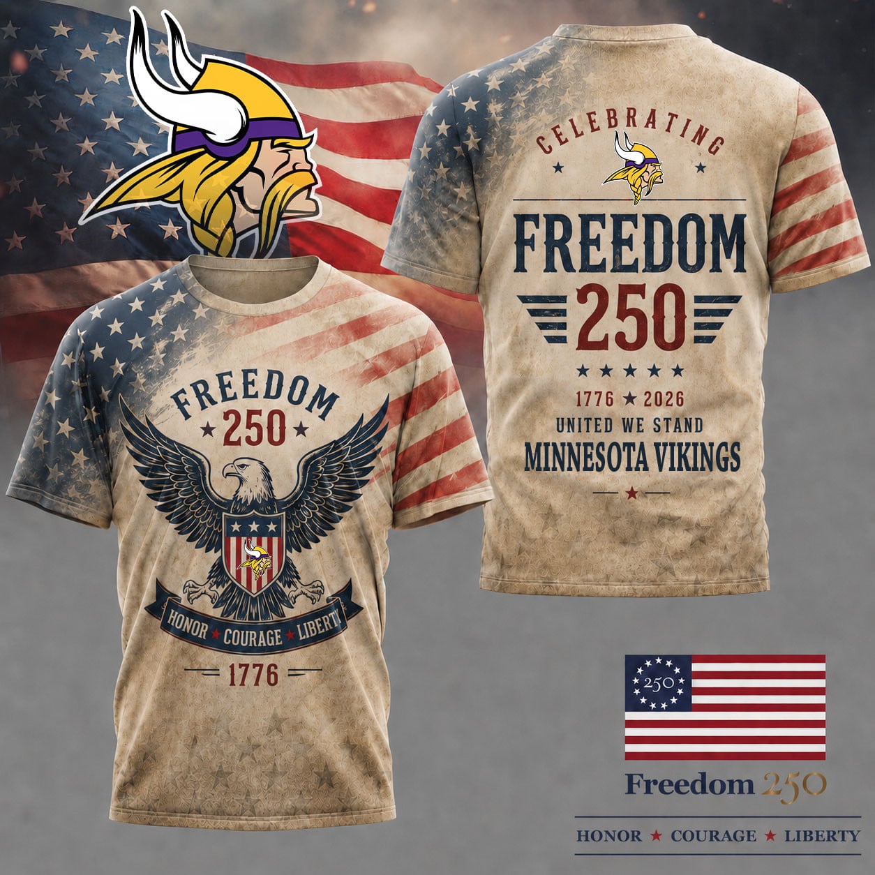 M.vikings | Premium .n.f.l. Freedom 250 Patriotic 3d Shirt
