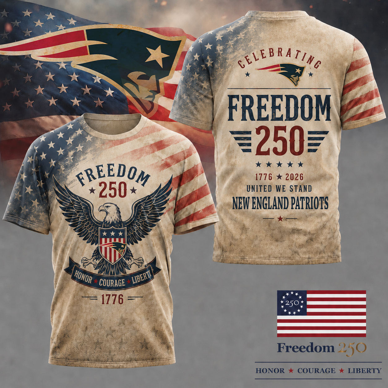 Ne.patriots | Premium .n.f.l. Freedom 250 Patriotic 3d Shirt