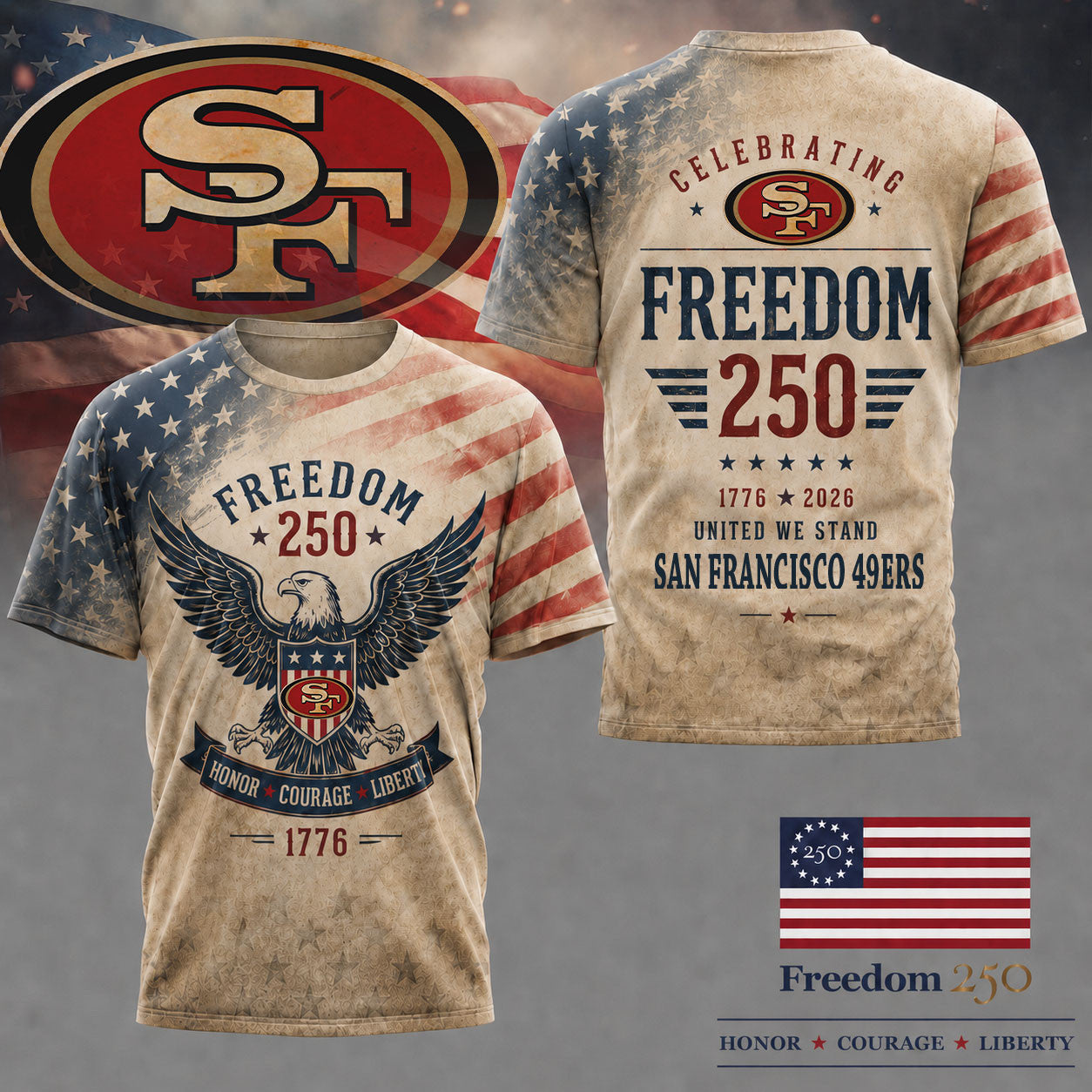 Sf.49ers | Premium .n.f.l. Freedom 250 Patriotic 3d Shirt