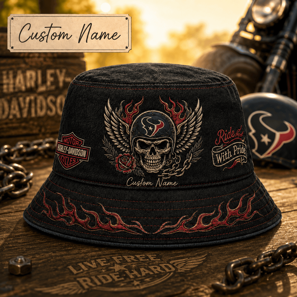 H.texans | Premium  Harley-davidson Ride With Pride Personalized Skull Hat For Heavy Motor Supporters Nf1