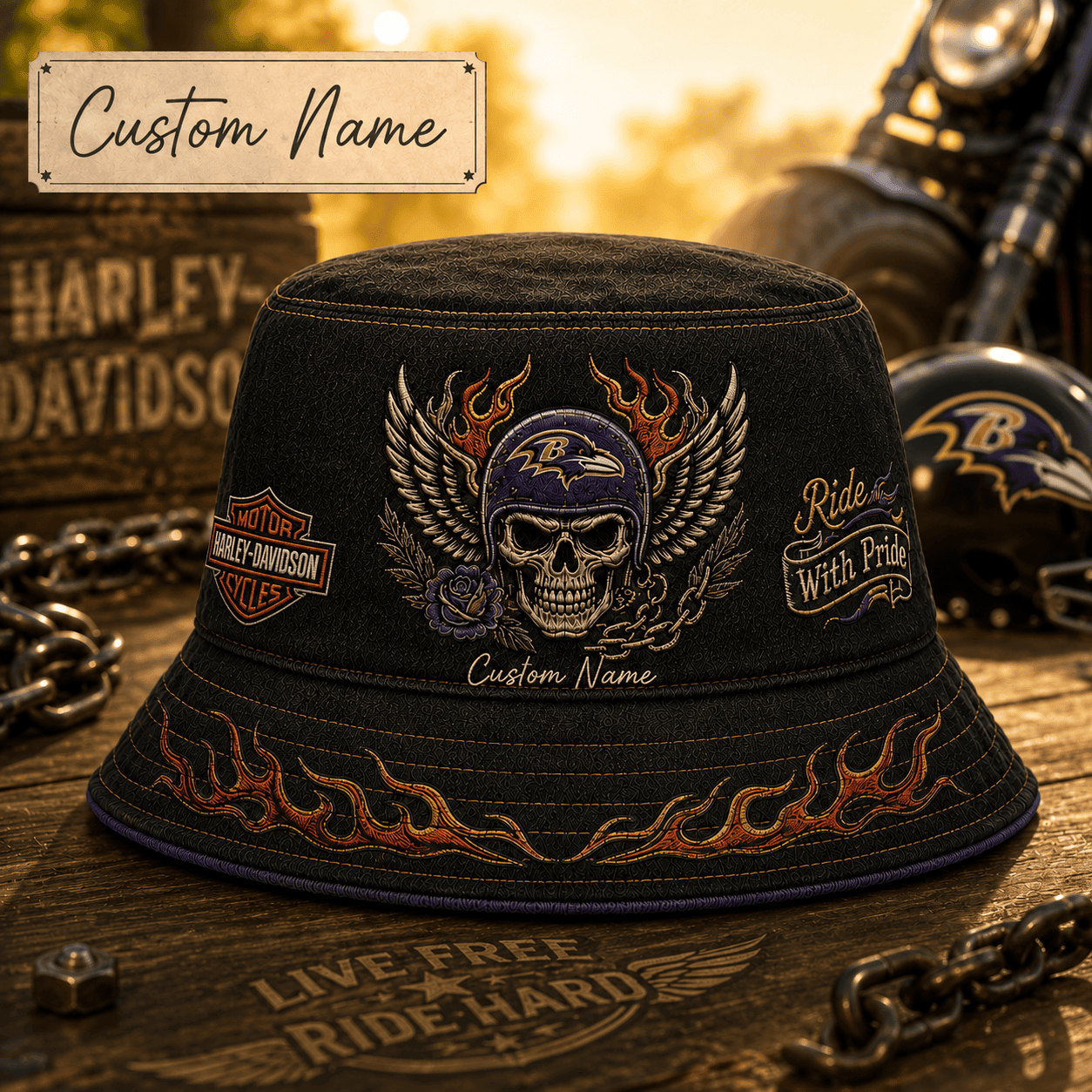 B.ravens | Premium  Harley-davidson Ride With Pride Personalized Skull Hat For Heavy Motor Supporters Nf1