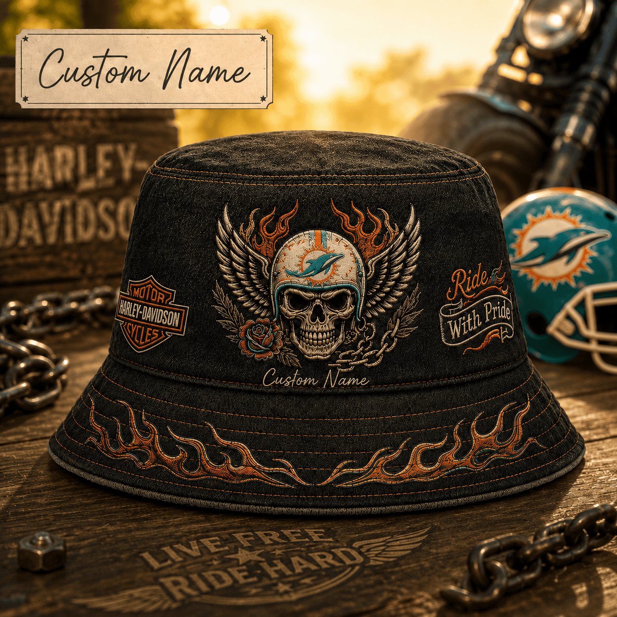 M.dolphins | Premium  Harley-davidson Ride With Pride Personalized Skull Hat For Heavy Motor Supporters Nf1