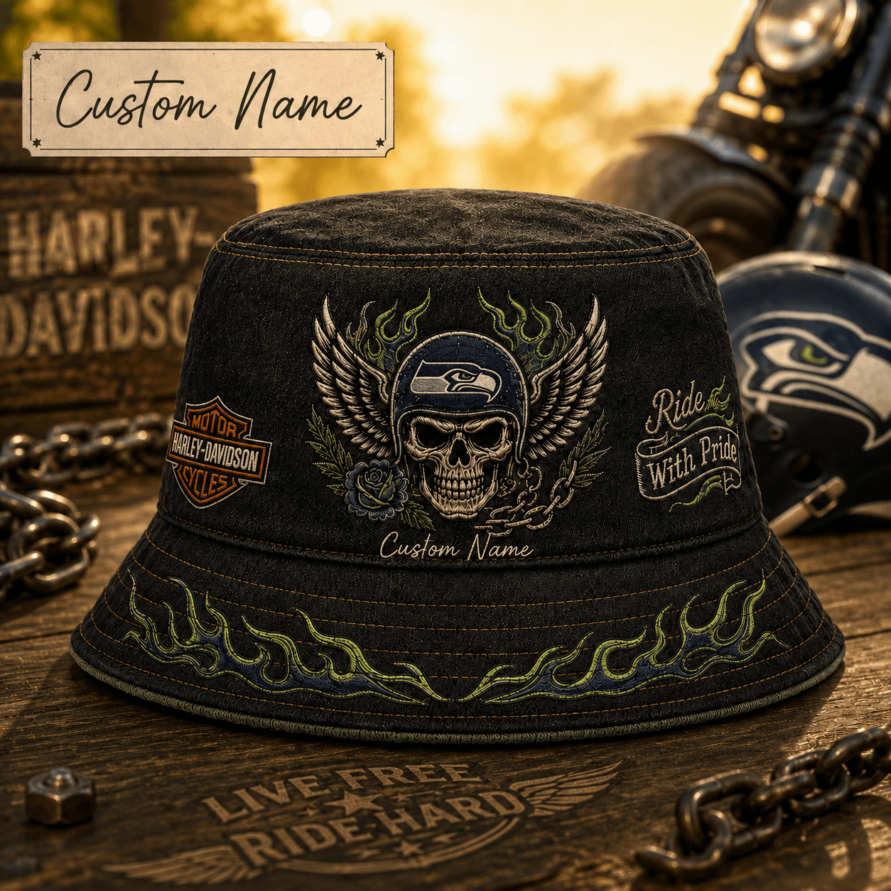 S.seahawks | Premium  Harley-davidson Ride With Pride Personalized Skull Hat For Heavy Motor Supporters Nf1