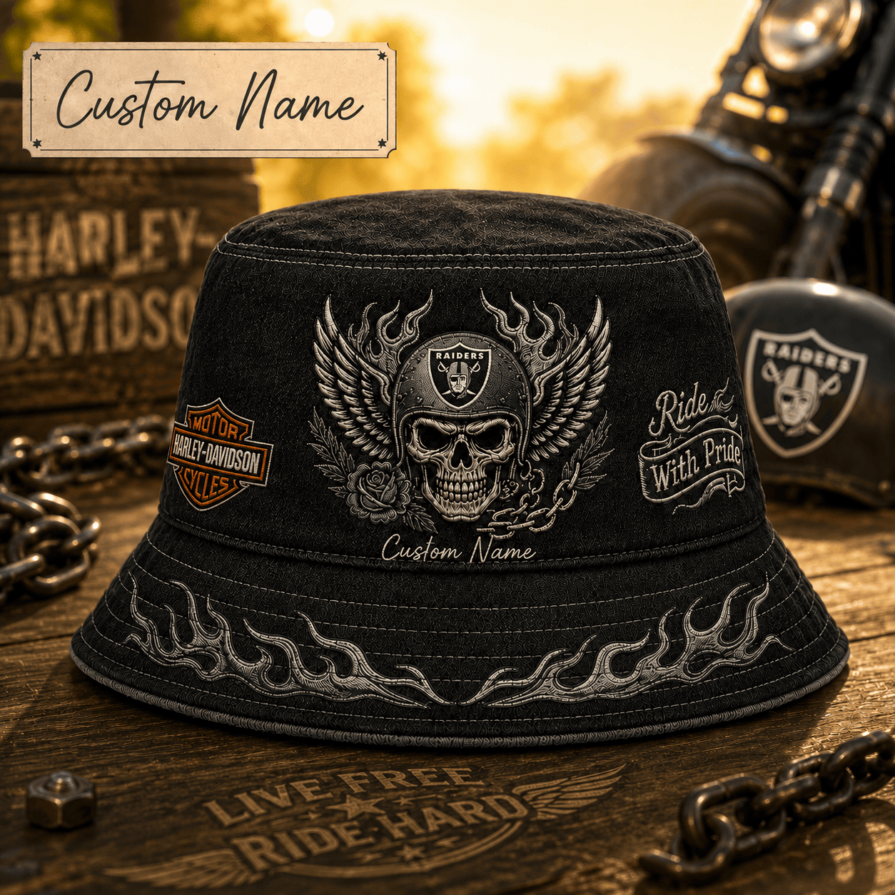 Lv.raiders | Premium  Harley-davidson Ride With Pride Personalized Skull Hat For Heavy Motor Supporters Nf1