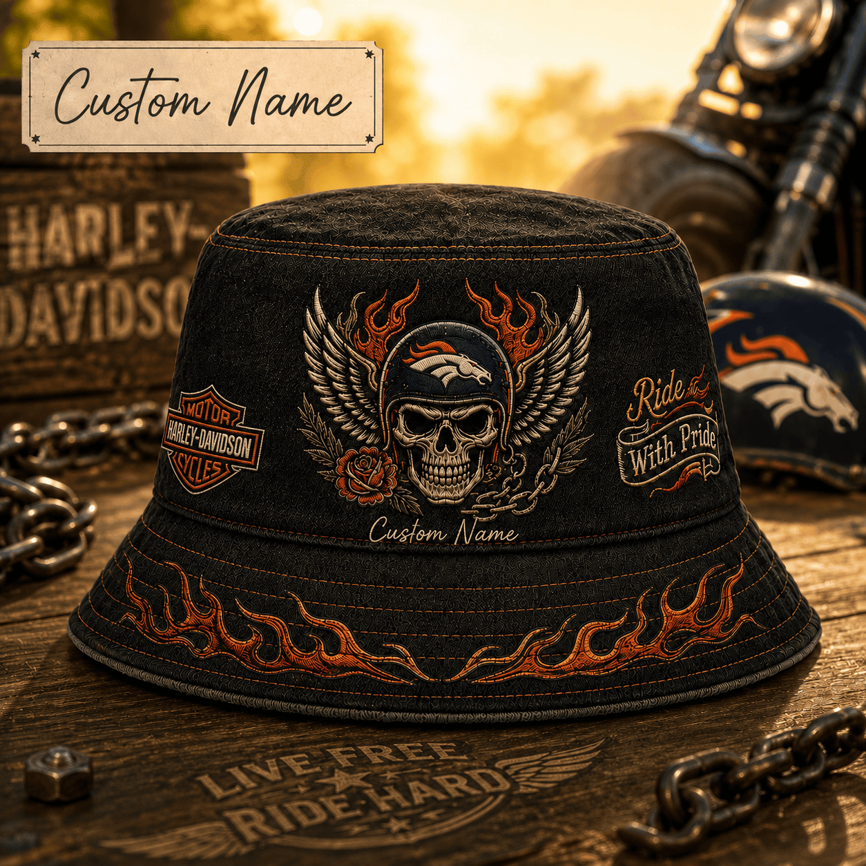 D.broncos | Premium  Harley-davidson Ride With Pride Personalized Skull Hat For Heavy Motor Supporters Nf1