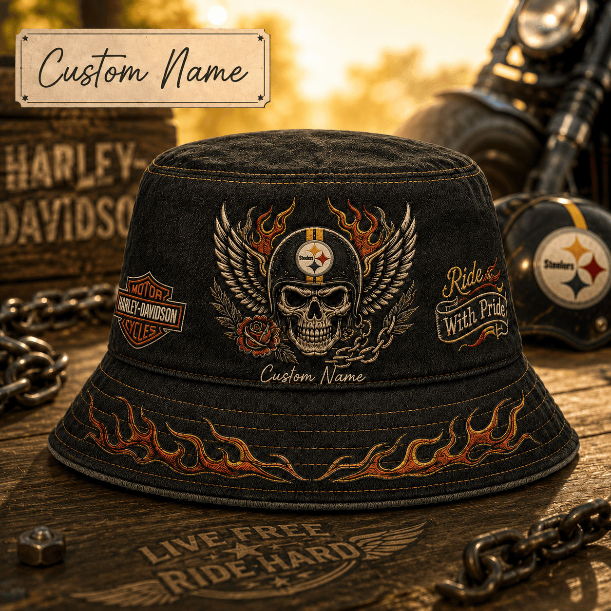 P.steelers | Premium  Harley-davidson Ride With Pride Personalized Skull Hat For Heavy Motor Supporters Nf1