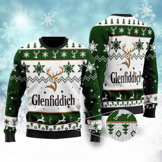 Glenfiddich Whisky Wine Ugly Christmas Sweater, Glenfiddich Reindeer Snowy Christmas Ugly Sweater, Glenfiddich Whisky Crewneck Knitted Ugly Sweater