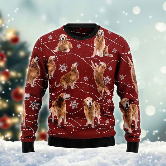 3d Golden Retriever Snowflakes Ugly Christmas Sweater, Golden Retriever Dog All-over Print Red Ugly Sweater, Dog Lover Xmas Knitted Ugly Sweater