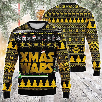 Golden Xmas Wars Star Wars Chibi Characters All-over Print Ugly Sweater, Star Wars Christmas Pattern Ugly Sweater, Star Wars Knitted Ugly Sweater