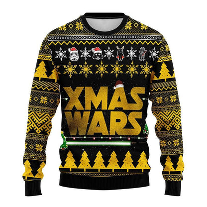 Golden Xmas Wars Star Wars Chibi Characters All-over Print Ugly Sweater, Star Wars Christmas Pattern Ugly Sweater, Star Wars Knitted Ugly Sweater