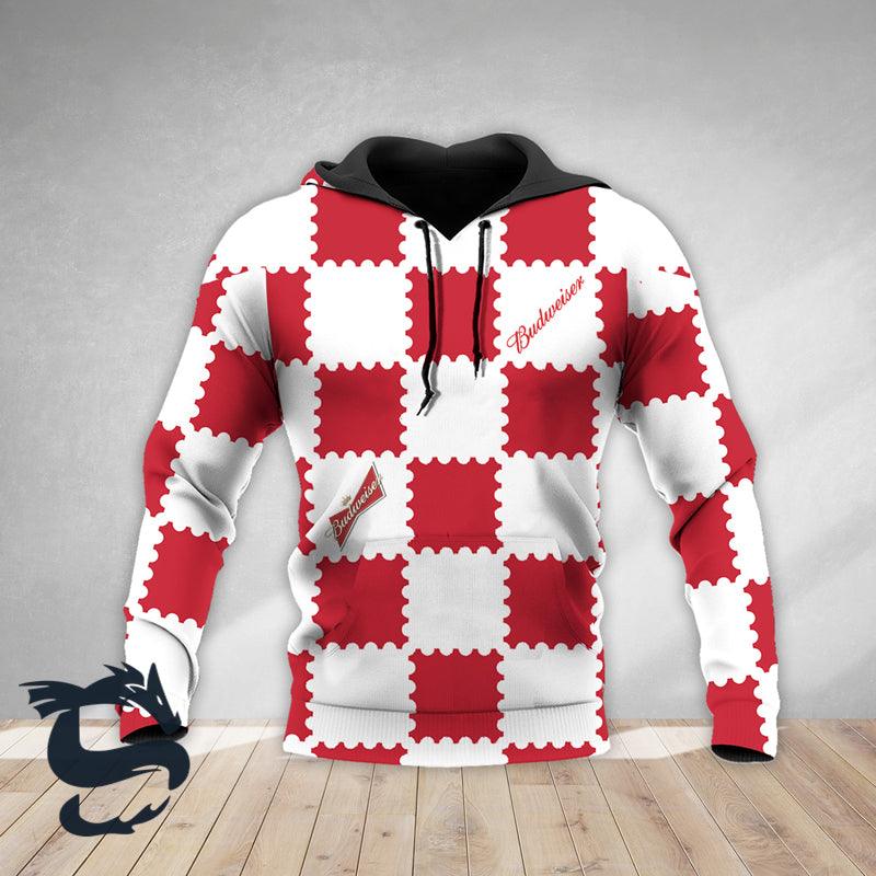 Gorgeous Gingham Budweiser Beer White Red Hoodie, Budweiser Beer Unisex Pullover Hooded Sweatshirt, Budweiser Logo 3d Printed Unisex Zip Hoodie