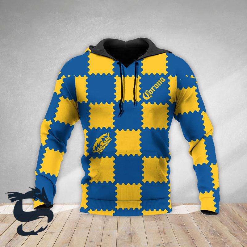 Gorgeous Gingham Corona Extra Yellow Blue Hoodie, Corona Extra Unisex Pullover Hooded Sweatshirt, Corona Extra Logo 3d Printed Unisex Zip Hoodie