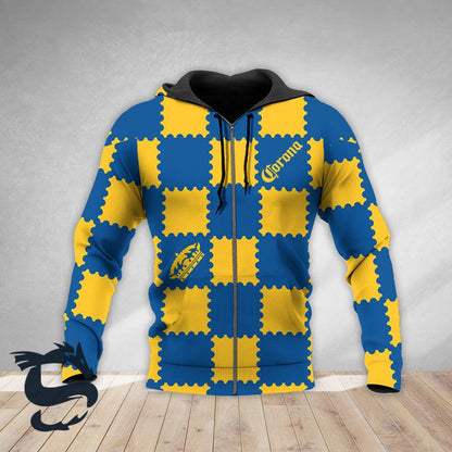 Gorgeous Gingham Corona Extra Yellow Blue Hoodie, Corona Extra Unisex Pullover Hooded Sweatshirt, Corona Extra Logo 3D Printed Unisex Zip Hoodie