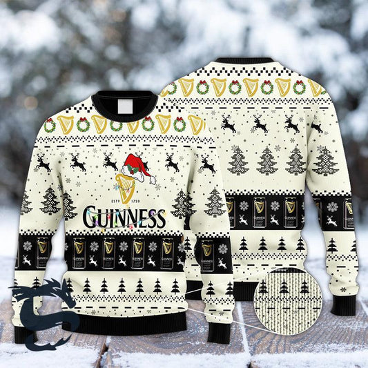 Guinness Beer Santa Hat Ugly Christmas Sweater, Guinness Beer Reindeer Snowy Xmas Ugly Sweater, Guinness Beer Xmas Holiday Crew Neck Ugly Sweater