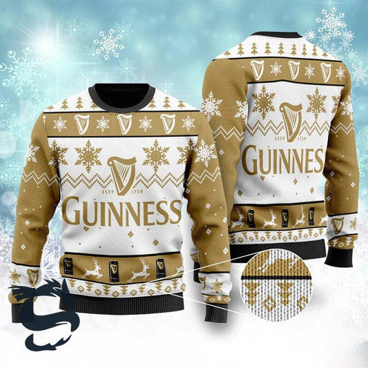 Guinness Beer Snowflakes Ugly Christmas Sweater, Guinness Beer Lovers Christmas Ugly Sweater, Guinness Beer Logo Printed Xmas Crew Neck Ugly Sweater