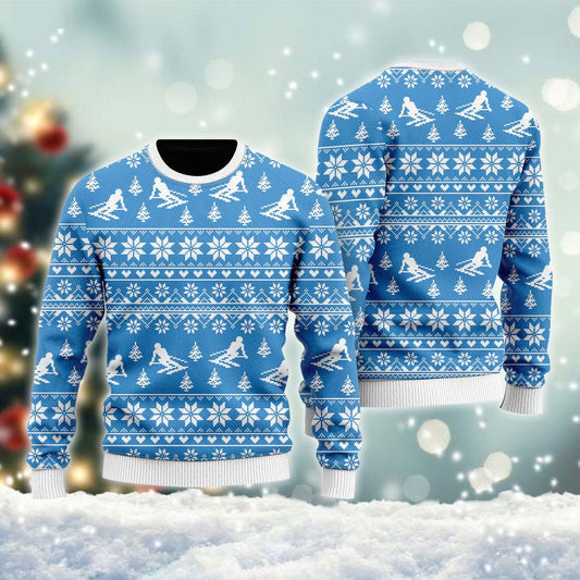 Skiing Winter Sport Blue Ugly Christmas Sweater, Skiing Christmas Pattern All-over Printed Ugly Sweater, Skiing Sport Xmas Knitted Ugly Sweater