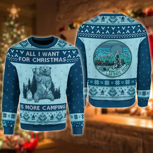 All I Want For Christmas Is More Camping Bear Ugly Sweater, I Hate People Bear Camping Blue Christmas Ugly Sweater, Camping Knitted Ugly Sweater