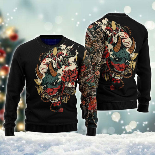 Japanese Oni Demon Samurai Black Ugly Sweater, Samurai Oni Tattoo All-over Printed Ugly Sweater, Heart Of Samurai Crewneck Knitted Ugly Sweater