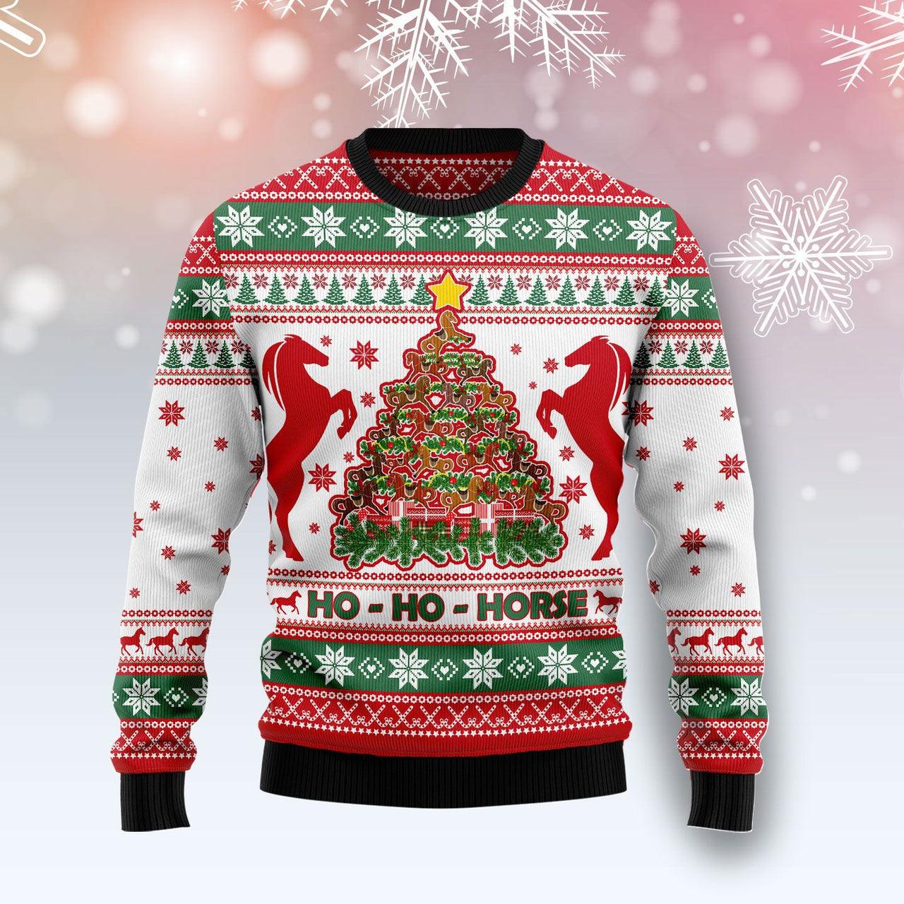 Ho Ho Horses Christmas Tree Ugly Christmas Sweater, Christmas Tree Horse Ugly Sweater, Horse Lovers Christmas Holiday Crewneck Knitted Ugly Sweaters