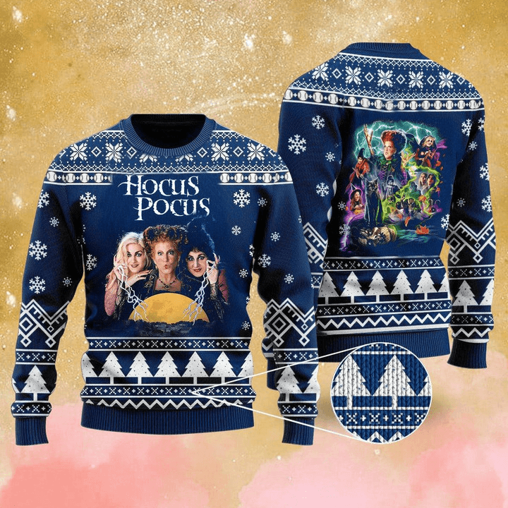 Hocus Pocus 3d All Over Printed Ugly Sweater, Hocus Pocus Movie Blue Xmas Ugly Sweater, Hocus Pocus Horror Movies Crewneck Knitted Ugly Sweater