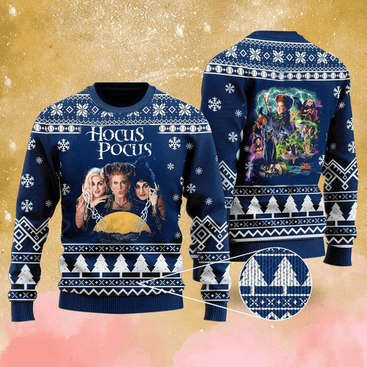 Hocus Pocus 3d All Over Printed Ugly Sweater, Hocus Pocus Movie Blue Xmas Ugly Sweater, Hocus Pocus Horror Movies Crewneck Knitted Ugly Sweater