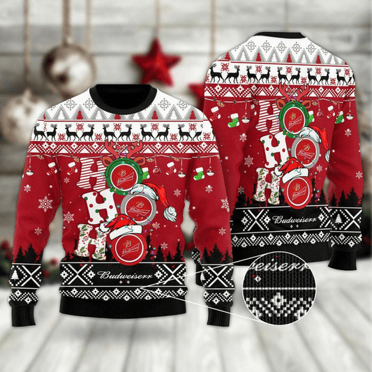 Budweiser Beer Ho Ho Ho Ugly Christmas Sweater, Hohoho Budweiser Christmas Snowy All-over Print Ugly Sweater, Xmas Crewneck Knitted Ugly Sweater